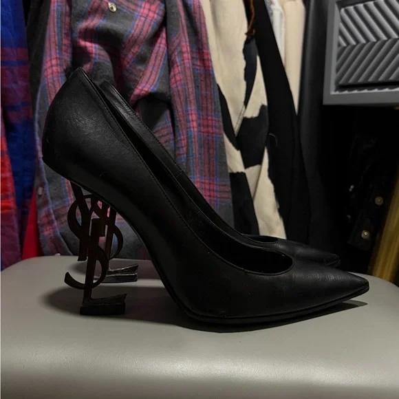 Saint Laurent Black Leather YSL Logo Heels - Picture 3 of 6